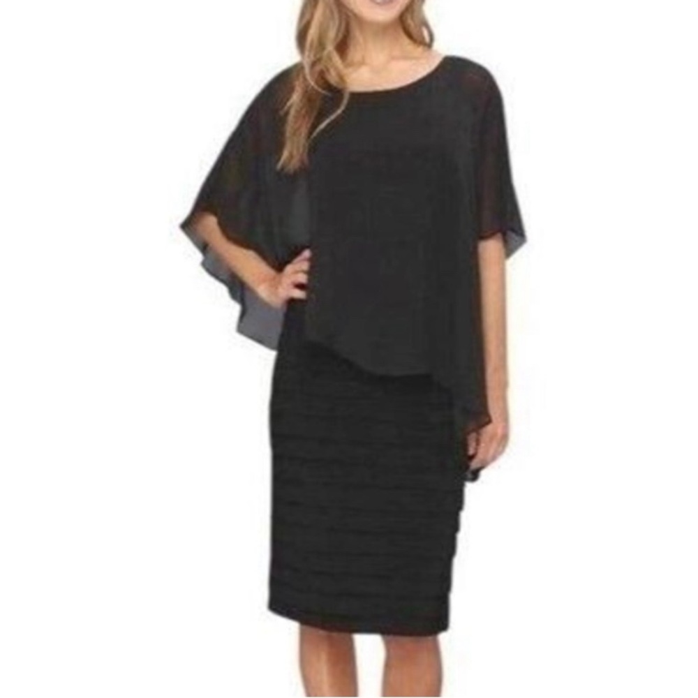 Adrianna Papell NWT Black‎ Chiffon Drape Overlay with Banding Dress Size 12